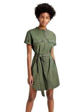 Vince Belted Cargo Shirt Dress Womens Medium Green Short Sleeve Stretch Cotton
